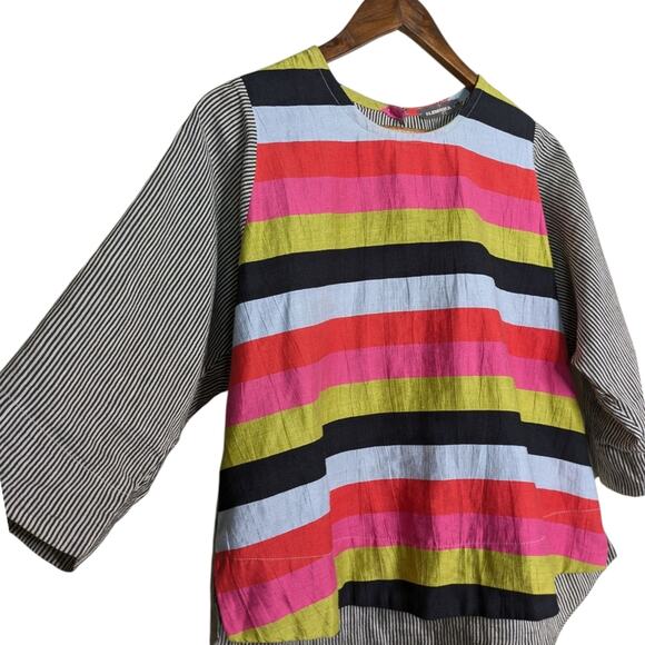 Alembika Mixed Print Media Striped Linen Top Small Multicolor Lagenlook Artsy - Picture 4 of 11